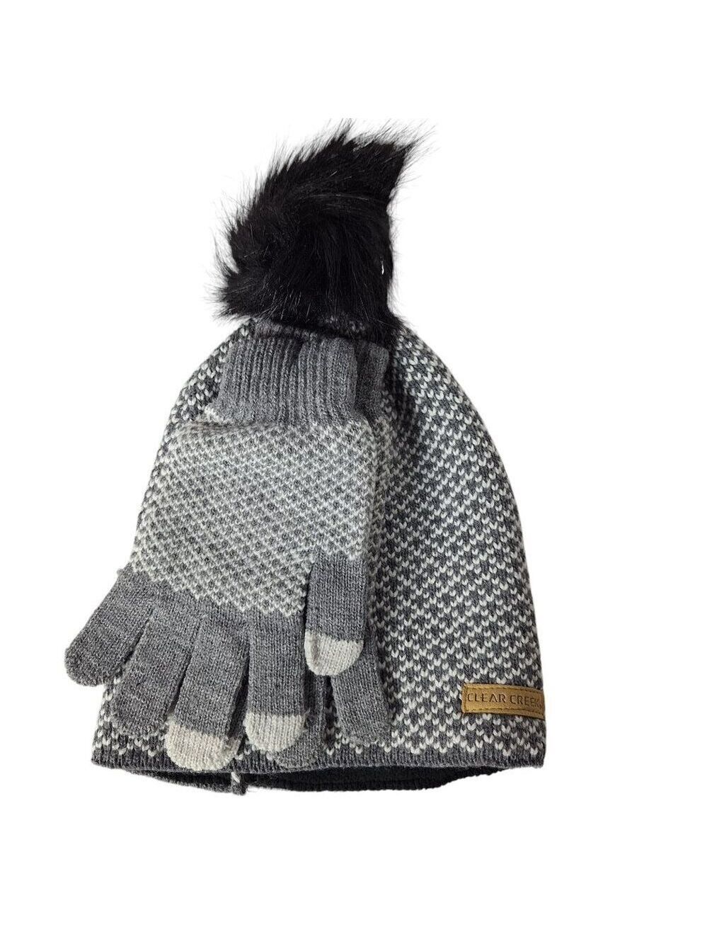 Clear Creek Gray White Knit Hat Gloves Set Faux Fur Pom One Size